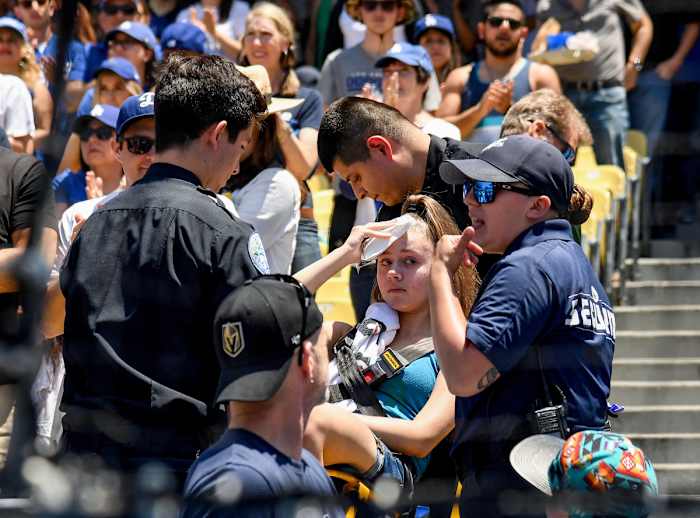 Every year, fans are forced to make trips to the hospital after being injured by a foul ball; this fan was taken out of Dodger Stadium on a stretcher in 2019.